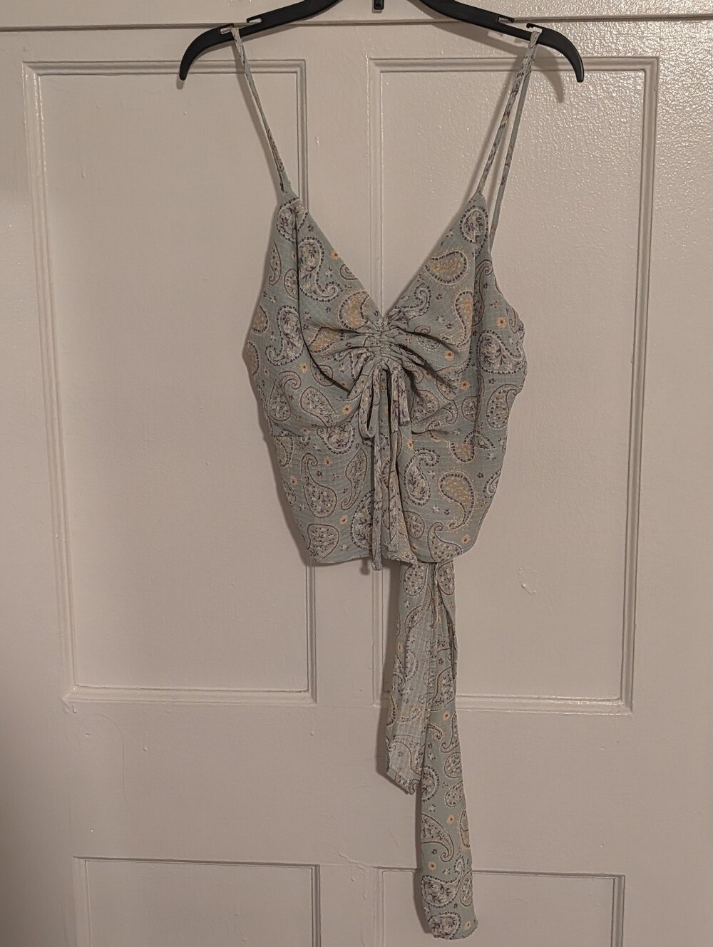 Willow Sage Paisley Spaghetti Strap Tie Back Handkerchief Top